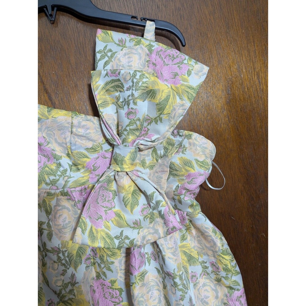 Petal + Pup Floral Brocade Maxi Dress S Small Pink Yellow Bow One Shoulder Pocke - Picture 4 of 9